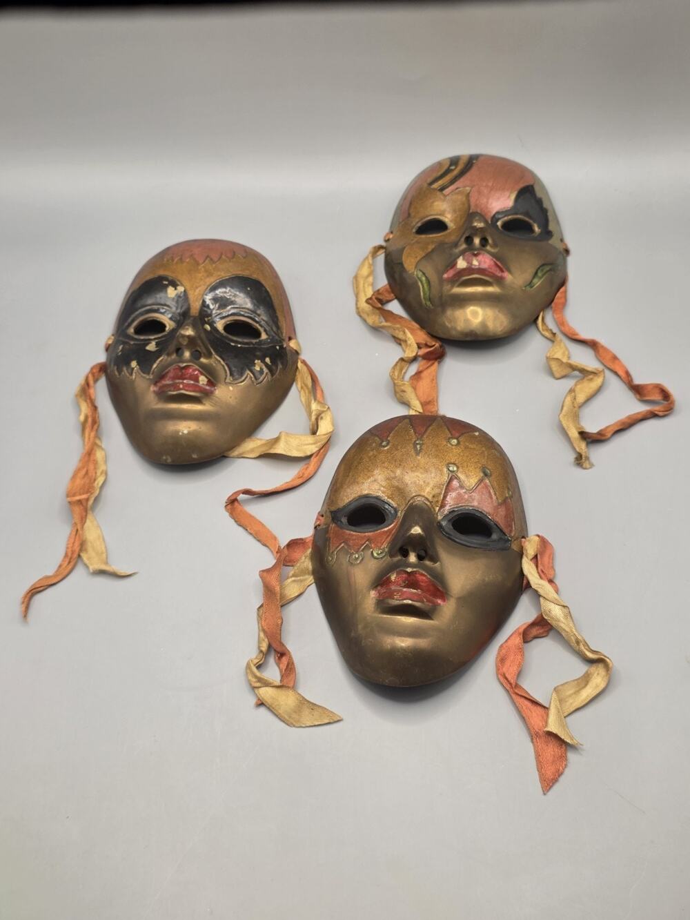 Vintage Hand Painted Brass Masquerade Masks Set of 3 Wall Decor Ribbon Art Vtg